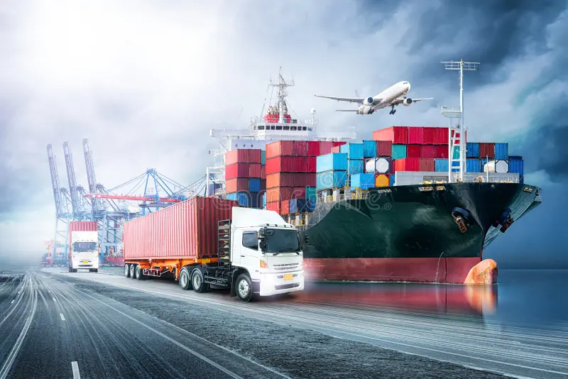 Port and loaded cargo ship